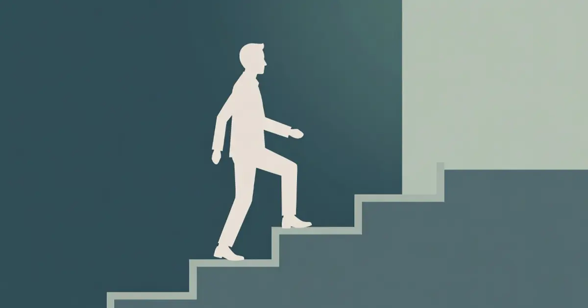Ilustrācija: cilvēks kāpj pa kāpnēm no ēnas gaismā — izkļūšanas no parādiem metafora